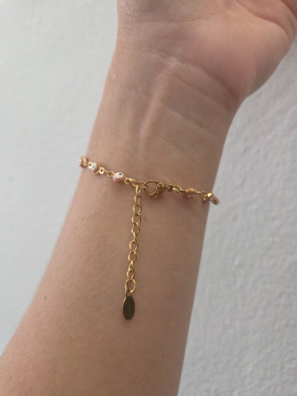 Gold Plated Evil Eye Enamel Chain Link Bracelet Pink Peach - Picture 6 of 11